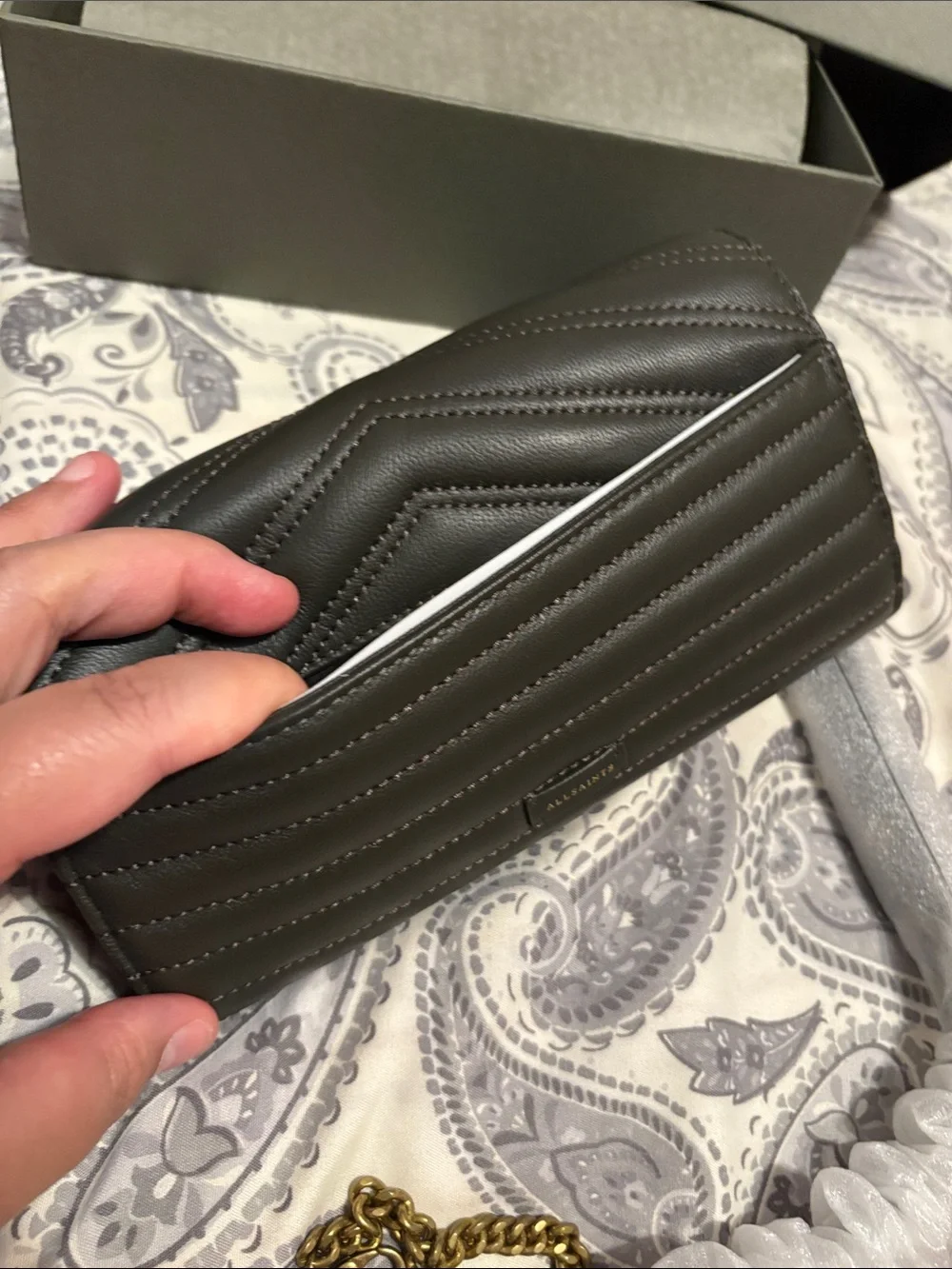 All Saints Olive Chevron Quilted Leather Chain Wallet with Gold Hardware